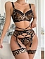 cheap Sexy Lingerie-Women&#039;s Sexy Lingerie Lingerie Set 4 Pieces Leopard Pure Color Undergarments Home Bed Polyester Sleeveless Backless Hole Including Panties Including Garter Belts Summer Spring Black