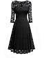 cheap Romantic Lace Dresses-Women&#039;s Black Dress Lace Dress Party Dress Lace Patchwork V Neck 3/4 Length Sleeve Midi Dress Vacation Black Wine Spring Winter