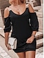 baratos vestidos lisos-Mulheres Vestido preto Minivestido Patchwork Ombro frio Diário Encontro Elegante Moda Com Alças Manga 3/4 Preto Cor