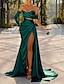 Χαμηλού Κόστους Βραδινά Φορέματα-βραδινό φόρεμα γοργόνας κόκκινο πράσινο φόρεμα σμαραγδένιο πράσινο σατέν φόρεμα γαμήλιου πάρτι επίσημο πάτωμα με μακριά μανίκια με σκίσιμο από τους ώμους 2024