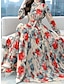 abordables Robes à motifs-Femme Mousseline de soie Robe Trapèze Floral Imprimer Col de Chemise robe longue du quotidien Vacances manche longue Printemps Automne