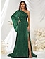 cheap Wedding Guest Dresses-A-Line Wedding Guest Dresses Sparkle Formal Green Dress Formal Evening Party Sweep / Brush Train Long Sleeve One Shoulder Polyester with Glitter Slit 2024