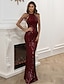 cheap Prom Dresses-Mermaid / Trumpet Wedding Guest Dresses Sparkle &amp; Shine Dress Halloween Evening Party Floor Length Sleeveless High Neck Sequined with Fringe Beading 2024