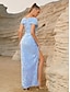 cheap Party Dresses-Baby Blue Sheath / Column Party Dresses Sparkle &amp; Shine Dress Party Wear Floor Length Short Sleeve Off Shoulder Sequined with Glitter Ruched Slit Fall 2023