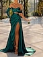 cheap Evening Dresses-Mermaid Evening Dress Red Green Dress Emerald Green Satin Gown Ruched Wedding Party Formal Floor Length WIth Long Sleeve Off Shoulder Slit 2024