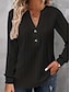 رخيصةأون ملابس علوية أساسية للنساء-نسائي تي شيرت نسيج الهراء محكم أزرار المنزل فضفاض أساسي كم طويل V رقبة أسود ربيع &amp; الصيف