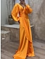 preiswerte Satinkleider-Damen schwarzes kleid Ballkleid abendkleider Layer-Look V Ausschnitt Langarm Orange Frühling Winter