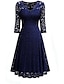 Χαμηλού Κόστους Ρομαντικά Δαντελένια Φορέματα-γυναικείο φόρεμα για χριστουγεννιάτικο πάρτι δαντέλα φόρεμα κοκτέιλ φόρεμα μίντι φόρεμα μαύρο κρασί ναυτικό μπλε μανίκι μήκους 3/4 καθαρό χρώμα δαντέλα άνοιξη φθινόπωρο χειμώνα v λαιμό μόδα χειμερινό