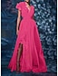cheap Evening Dresses-A-Line Evening Gown Celebrity Style Dress Red Green Dress Formal Wedding Guest Floor Length Sleeveless V Neck Chiffon with Slit Pure Color 2024