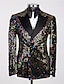 Недорогие Блейзер и куртка-мужской блейзер с блестками в стиле диско 70-х годов, пиджак с блестками и блестками для вечеринок, классический покрой, однотонный, двубортный, с шестью пуговицами, черное золото, черное серебро,