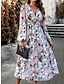 cheap Print Dresses-Women&#039;s Floral Geometric Ruched Print V Neck Midi Dress Daily Vacation Long Sleeve Spring Fall