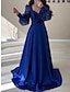 Χαμηλού Κόστους Βραδινά Φορέματα-Γραμμή Α Βραδινά φορέματα Κομψό Φόρεμα Επίσημο Χειμώνας Ουρά Μακρυμάνικο Λαιμόκοψη V Σατέν με Γκλίτερ Πλισέ Με τιράντες 2024