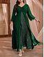 cheap Plus Size Party Dresses-Women&#039;s Plus Size Curve Green Christmas Party Dress Chiffon Dress Swing Dress Plain Long Dress Maxi Dress Long Sleeve Patchwork Layered V Neck Fashion Party Green Fall Winter