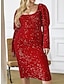 cheap Plus Size Party Dresses-Women&#039;s Plus Size Red Chirstmas Party Dress Curve Sequin Dress Lace Dress New Year&#039;s Eve Dress Plain Midi Dress Long Sleeve Ruched Crew Neck Party Black Red Fall Winter XL XXL  4XL