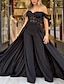 cheap Evening Dresses-Jumpsuits Evening Gown Black Dress Elegant Dress Formal Floor Length Short Sleeve Off Shoulder Lace with Pleats Beading 2023