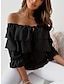 cheap Basic Women&#039;s Tops-Shirt Blouse Women&#039;s Black White Red Solid / Plain Color Lace up Ruffle Daily Fashion Off Shoulder Regular Fit S