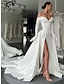 cheap Evening Dresses-A-Line Evening Gown Elegant Dress Formal Court Train Long Sleeve Off Shoulder Satin with Buttons Pleats Slit 2024