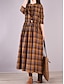 cheap Print Cotton &amp; Linen Dresses-Women&#039;s Plaid Dress Casual Dress Cotton Linen Dress Maxi Dress Linen Pocket Print Basic Classic Daily Vacation Stand Collar Long Sleeve Fall Winter Autumn Yellow Red Plaid