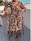 cheap Print Dresses-Women&#039;s Wrap Dress A Line Dress Leopard Lace up Print V Neck Long Dress Maxi Dress Daily Vacation Long Sleeve Fall