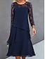 cheap Plain Dresses-Women&#039;s Lace Dress Party Dress Cocktail Dress Lace Ruffle Crew Neck Long Sleeve Midi Dress Vacation Navy Blue Spring Winter