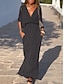 preiswerte schlichte Kleider-Damen schwarzes kleid kleid lang Baumwolle Tasche Täglich Verabredung Modisch Basic V Ausschnitt 3/4 Ärmel Schwarz Farbe