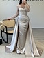 cheap Evening Dresses-Mermaid Sequin Evening Gown Ruched Satin Dress Long Sleeves Floor Length Sparkle Illusion Neck Prom Wedding Guest Dress with Pearls Overskirt 2024