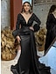 cheap Evening Dresses-Mermaid / Trumpet Evening Gown Elegant Dress Formal Wedding Court Train Long Sleeve V Neck Satin with Feather Glitter Ruched 2024