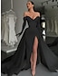 cheap Evening Dresses-A-Line Evening Gown Elegant Dress Formal Court Train Long Sleeve Off Shoulder Satin with Buttons Pleats Slit 2024