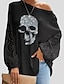 cheap Women&#039;s T-shirts-Women&#039;s T shirt Tee Halloween Shirt Waffle Skull Rhinestone Halloween Weekend Festival / Holiday Puff Sleeve Long Sleeve Diagonal Neck Black Spring &amp;  Fall