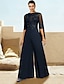cheap Mother of the Bride Dresses-Jumpsuit / Pantsuit Mother of the Bride Dress Formal Wedding Guest Elegant Cowl Neck Floor Length Lace Stretch Chiffon Half Sleeve with Sequin Appliques 2024