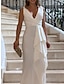 baratos Vestidos de Festa-Mulheres Vestido branco Vestido de formatura Vestido de festa Frufru Fenda Decote V Sem Manga Branco Primavera Inverno