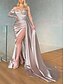 cheap Evening Dresses-A-Line Evening Gown Elegant Dress Formal Court Train Long Sleeve One Shoulder Satin with Pleats Ruched Slit 2024