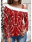 cheap Women&#039;s T-shirts-Christmas Shirt Women&#039;s T shirt Tee Floral Red Print Long Sleeve Christmas Weekend Festival / Holiday Fur Collar Regular Fit Spring &amp;  Fall
