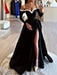 preiswerte Abendkleider-A-Linie Abendkleider Schwarzes Kleid Kleid Formal Maskerade Pinsel Schleppe Langarm Schulterfrei Satin mit Perlen Verzierung Schlitz 2024