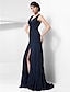 cheap Special Occasion Dresses-Sheath / Column Elegant Dress Formal Evening Court Train Sleeveless V Neck Chiffon with Lace Draping Side Draping 2023