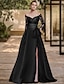 cheap Evening Dresses-Sheath / Column Evening Gown High Split Dress Formal Wedding Guest Sweep / Brush Train 3/4 Length Sleeve Off Shoulder Charmeuse with Bow(s) Sequin Slit 2024
