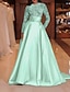 cheap Evening Dresses-A-Line Evening Gown Sparkle Red Green Dress Formal Cocktail Party Court Train Long Sleeve High Neck Fall Wedding Guest Satin with Sequin 2024