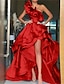 billige Aftenkjoler-a-line aftenkjole elegant kjole rød grønn kjole formell bryllup asymmetrisk ermeløs én skulder sateng med volanger splitt 2024