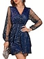 cheap Party Dresses-Women&#039;s Lace Dress Party Dress Cocktail Dress Mesh Mesh Patchwork V Neck Long Sleeve Mini Dress Vacation Navy Blue Spring Winter