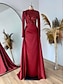 cheap Evening Dresses-Sheath Formal Dress Evening Gown Red Green Dress Formal Sweep / Brush Train Long Sleeve Jewel Neck Satin with Pleats Ruched Sequin 2024
