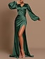 Недорогие Вечерние платья-красно-зеленое платье русалки вечернее платье элегантное платье для свадебного гостя осень с коротким шлейфом длинный рукав из атласа с v-образным вырезом и рюшами 2024