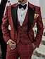 levne Obleky-červené černé pánské svatební obleky 3dílný kostkovaný kostkovaný střih na míru jednořadý jednořadý na knoflík 2024