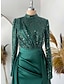 cheap Evening Dresses-Sheath Formal Dress Evening Gown Red Green Dress Formal Sweep / Brush Train Long Sleeve Jewel Neck Satin with Pleats Ruched Sequin 2024