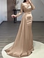 cheap Evening Dresses-Mermaid Dress Evening Gown Red Green Dress Formal Wedding Guest Court Train Long Sleeve Jewel Neck Charmeuse with Ruched Pearls Sequin 2024