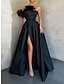 cheap Evening Dresses-A-Line Evening Gown High Split Dress Formal Floor Length Sleeveless One Shoulder Satin with Feather Slit 2024
