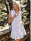 baratos vestido casual-Vestido feminino de mistura de linho, mini vestido branco, casual, essencial, ajuste solto, colarinho, botão, vestido regata com babados