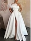 cheap Evening Dresses-A-Line Evening Gown High Split Dress Formal Floor Length Sleeveless One Shoulder Satin with Feather Slit 2024