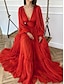 preiswerte Abendkleider-Abendkleid in A-Linie, elegantes Kleid, rot-grünes Kleid, formelles Hochzeitsgast-Kleid, bodenlang, Langarm, V-Ausschnitt, Chiffon mit Rüschen, 2024