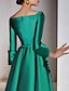 cheap Cocktail Dresses-A-Line Cocktail Dresses Elegant Dress Red Green Dress Wedding Guest Tea Length 3/4 Length Sleeve V Neck Satin with Bow(s) Appliques 2024