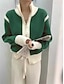 cheap Cardigans-Women&#039;s Cardigan Sweater Stand Collar Ribbed Knit Knit Patchwork Zipper Fall Winter Regular Outdoor Daily Going out Stylish Casual Soft Long Sleeve Color Block Black White Green S M L